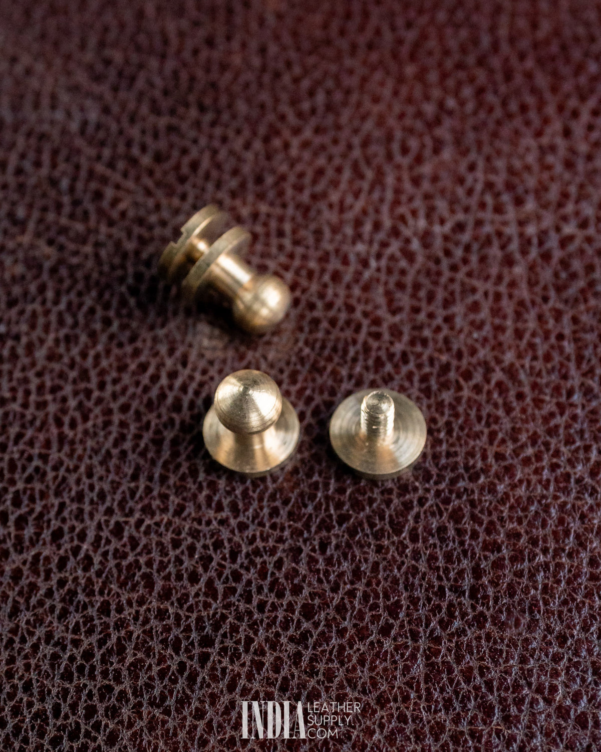 Solid brass screw-back button stud with its screw, close-up | India Leather Supply