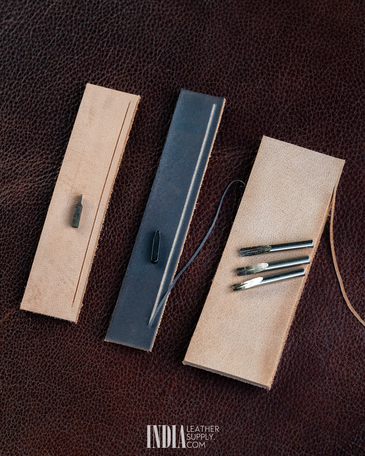 Groover, Creaser & Beveller Multi-Tool | Crease line, stitch groove and bevelled edge on leather samples | India Leather Supply