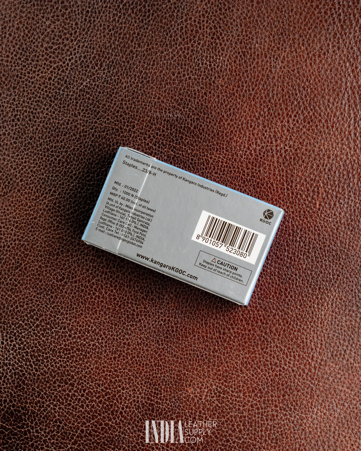 KANGARO 23/8H heavy duty staple pins box detail | India Leather Supply